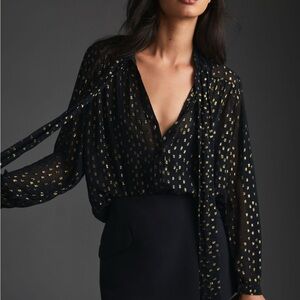 By Anthropologie Metallic Tie-Neck Blouse